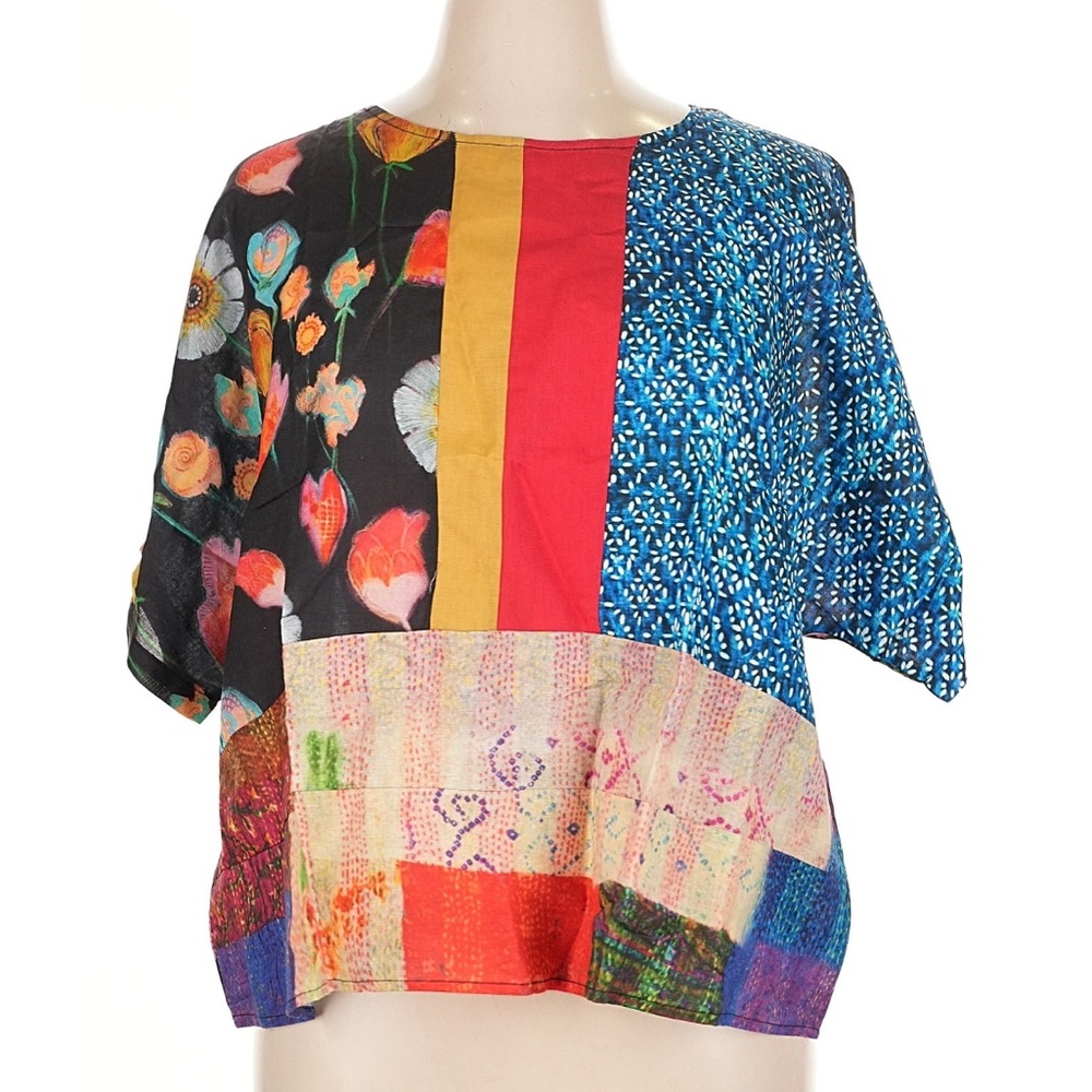 Artistic Multicolor Patchwork Blouse 100% Linen